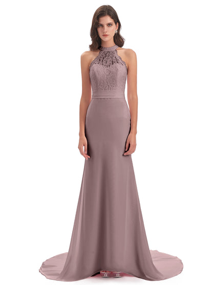 Jenny Court Train Halter Lace Bridesmaid Dresses