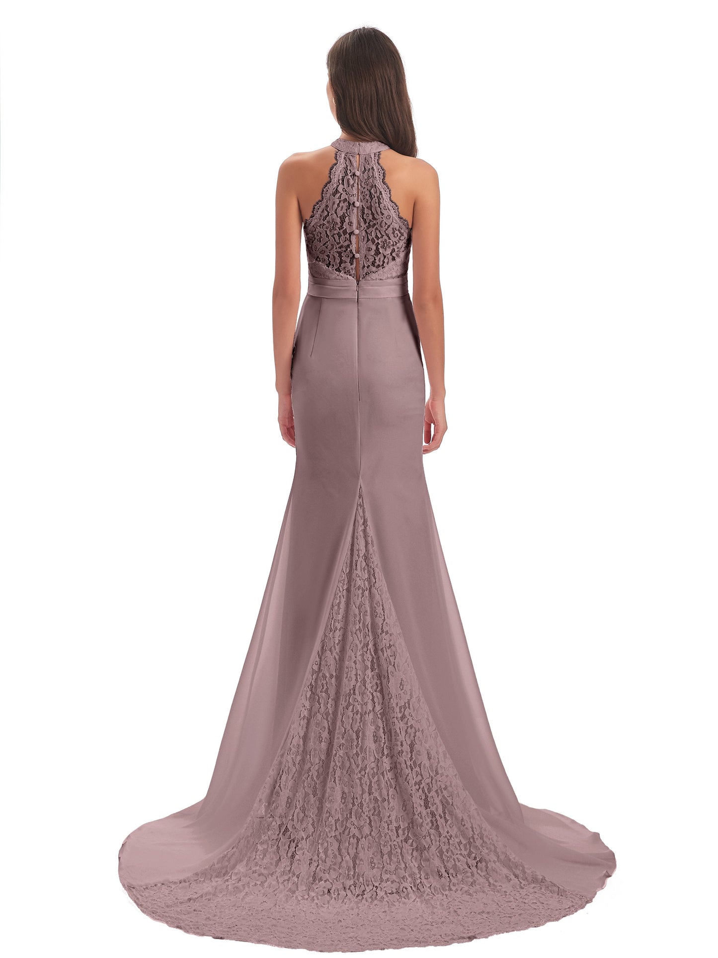 Jenny Court Train Halter Lace Bridesmaid Dresses