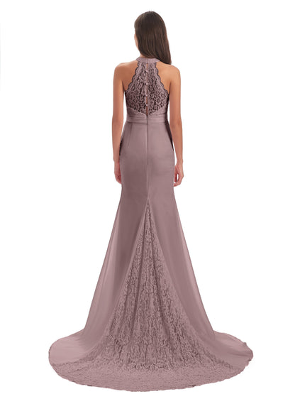 Jenny Court Train Halter Lace Bridesmaid Dresses