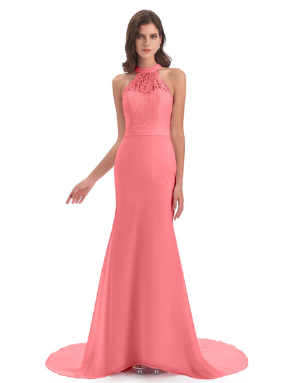 Jenny Court Train Halter Lace Bridesmaid Dresses