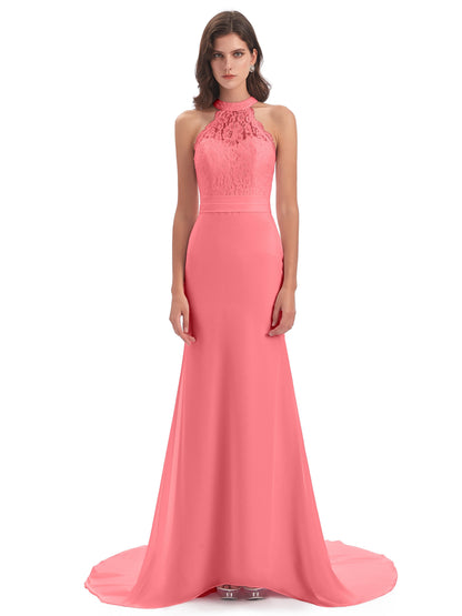 Jenny Court Train Halter Lace Bridesmaid Dresses
