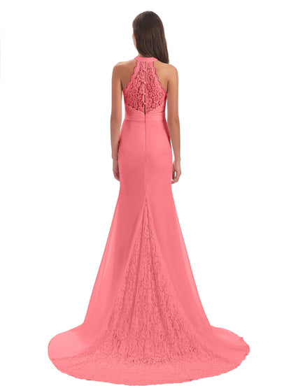 Jenny Court Train Halter Lace Bridesmaid Dresses
