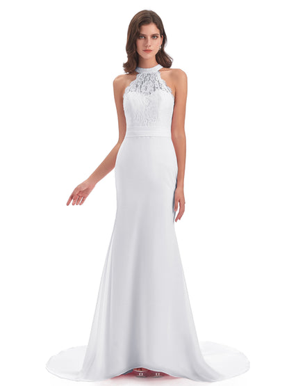 Jenny Court Train Halter Lace Bridesmaid Dresses