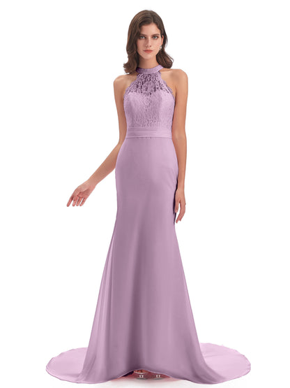 Jenny Court Train Halter Lace Bridesmaid Dresses