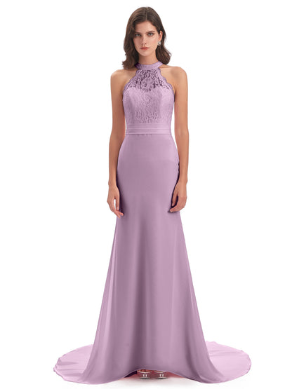 Jenny Court Train Halter Lace Bridesmaid Dresses