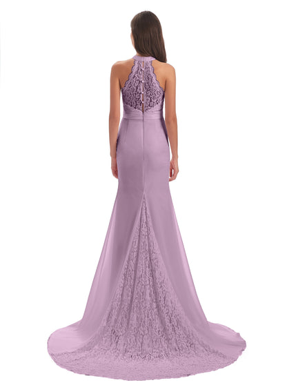 Jenny Court Train Halter Lace Bridesmaid Dresses