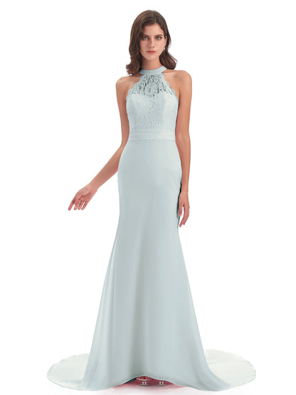 Jenny Court Train Halter Lace Bridesmaid Dresses