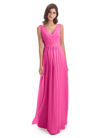 Kailee A-line V-neck Chiffon Long Bridesmaid Dresses