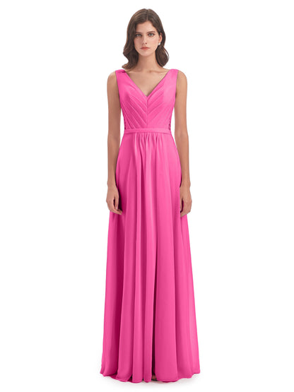 Kailee A-line V-neck Chiffon Long Bridesmaid Dresses