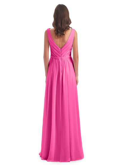 Kailee A-line V-neck Chiffon Long Bridesmaid Dresses