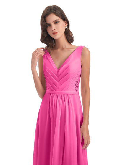 Kailee A-line V-neck Chiffon Long Bridesmaid Dresses