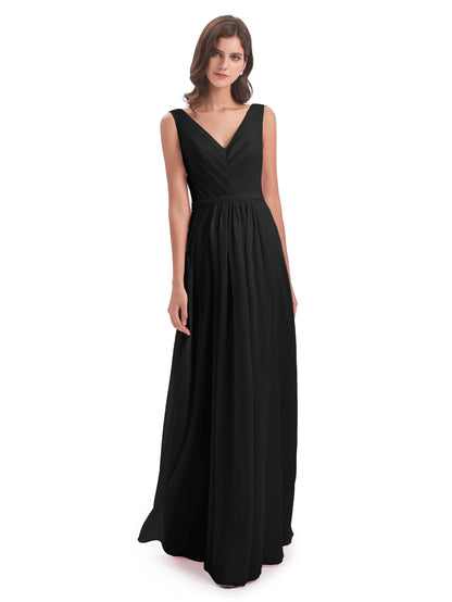 Kailee A-line V-neck Chiffon Long Bridesmaid Dresses