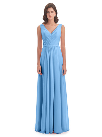 Kailee A-line V-neck Chiffon Long Bridesmaid Dresses