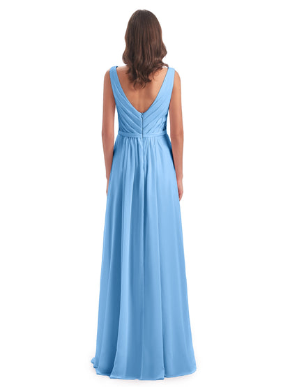 Kailee A-line V-neck Chiffon Long Bridesmaid Dresses