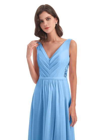 Kailee A-line V-neck Chiffon Long Bridesmaid Dresses