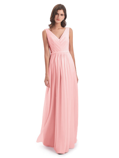Kailee A-line V-neck Chiffon Long Bridesmaid Dresses