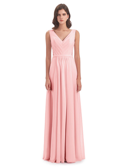 Kailee A-line V-neck Chiffon Long Bridesmaid Dresses