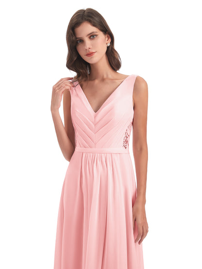 Kailee A-line V-neck Chiffon Long Bridesmaid Dresses