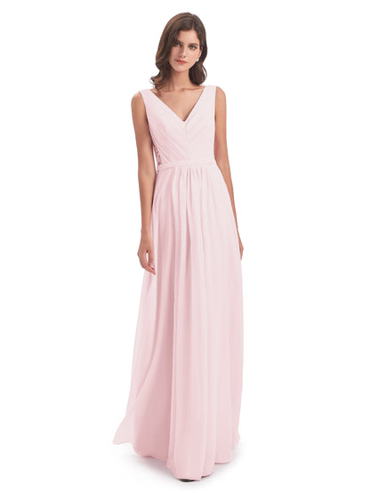 Kailee A-line V-neck Chiffon Long Bridesmaid Dresses