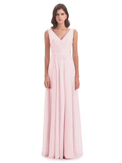 Kailee A-line V-neck Chiffon Long Bridesmaid Dresses