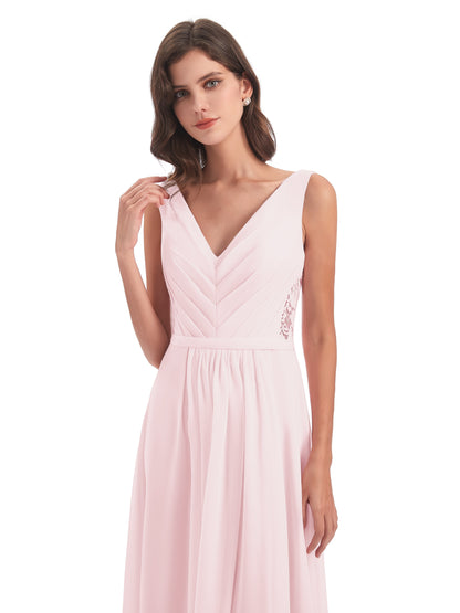 Kailee A-line V-neck Chiffon Long Bridesmaid Dresses