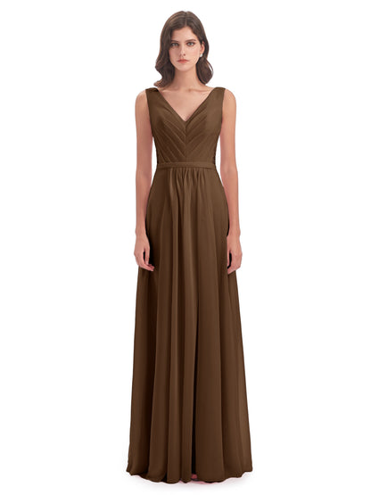 Kailee A-line V-neck Chiffon Long Bridesmaid Dresses