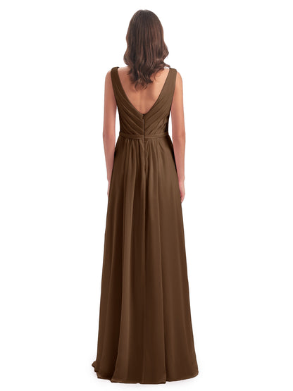 Kailee A-line V-neck Chiffon Long Bridesmaid Dresses