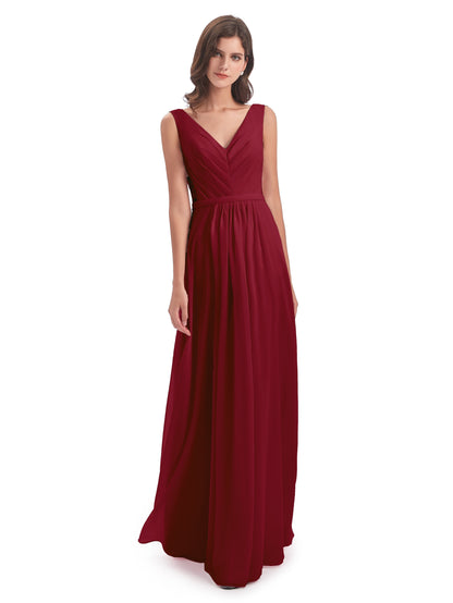 Kailee A-line V-neck Chiffon Long Bridesmaid Dresses