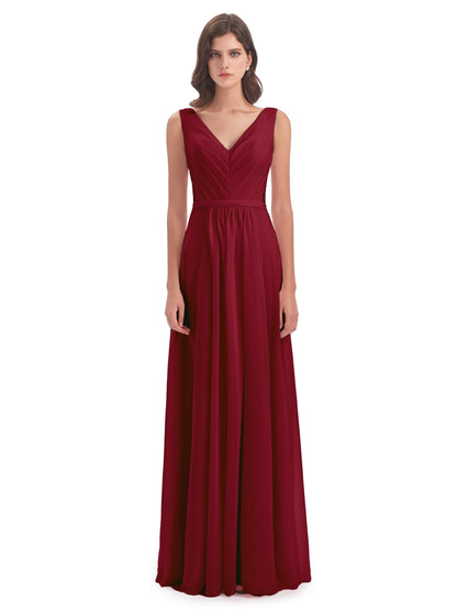 Kailee A-line V-neck Chiffon Long Bridesmaid Dresses