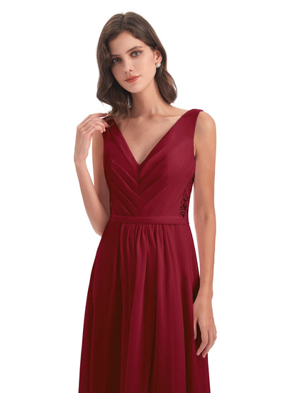 Kailee A-line V-neck Chiffon Long Bridesmaid Dresses
