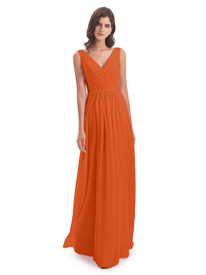 Kailee A-line V-neck Chiffon Long Bridesmaid Dresses