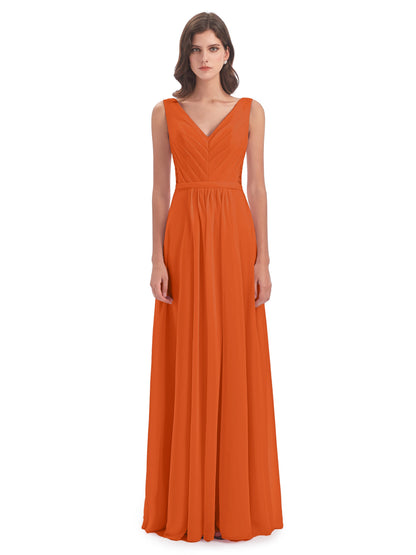 Kailee A-line V-neck Chiffon Long Bridesmaid Dresses