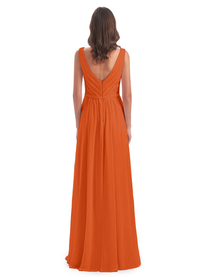 Kailee A-line V-neck Chiffon Long Bridesmaid Dresses