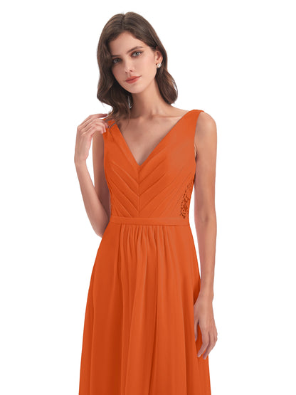 Kailee A-line V-neck Chiffon Long Bridesmaid Dresses
