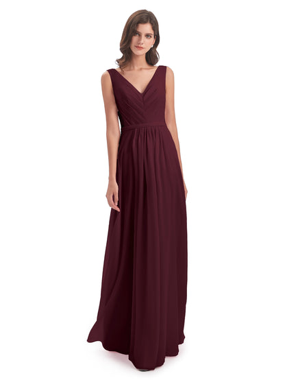 Kailee A-line V-neck Chiffon Long Bridesmaid Dresses