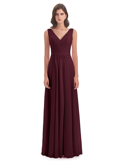 Kailee A-line V-neck Chiffon Long Bridesmaid Dresses