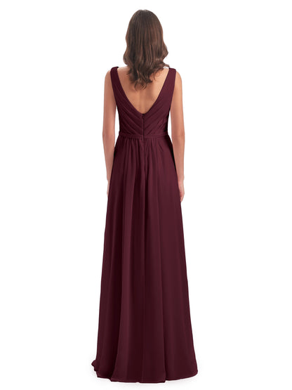 Kailee A-line V-neck Chiffon Long Bridesmaid Dresses