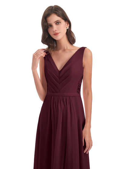 Kailee A-line V-neck Chiffon Long Bridesmaid Dresses
