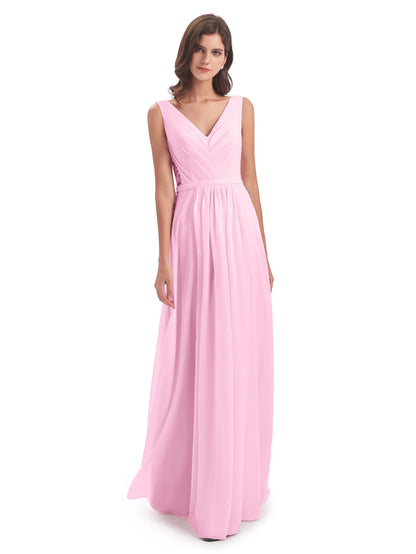 Kailee A-line V-neck Chiffon Long Bridesmaid Dresses