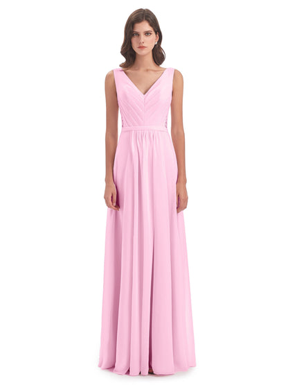 Kailee A-line V-neck Chiffon Long Bridesmaid Dresses