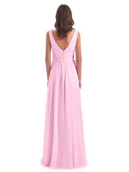 Kailee A-line V-neck Chiffon Long Bridesmaid Dresses