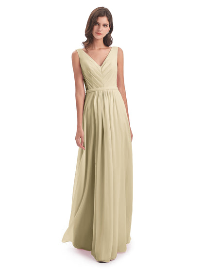 Kailee A-line V-neck Chiffon Long Bridesmaid Dresses