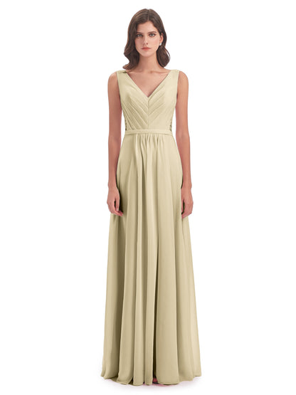 Kailee A-line V-neck Chiffon Long Bridesmaid Dresses
