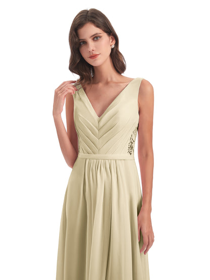 Kailee A-line V-neck Chiffon Long Bridesmaid Dresses