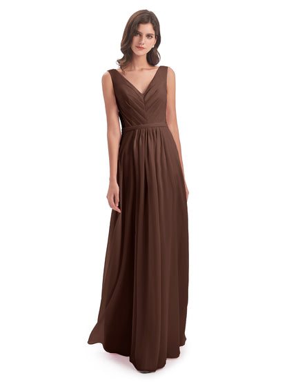 Kailee A-line V-neck Chiffon Long Bridesmaid Dresses