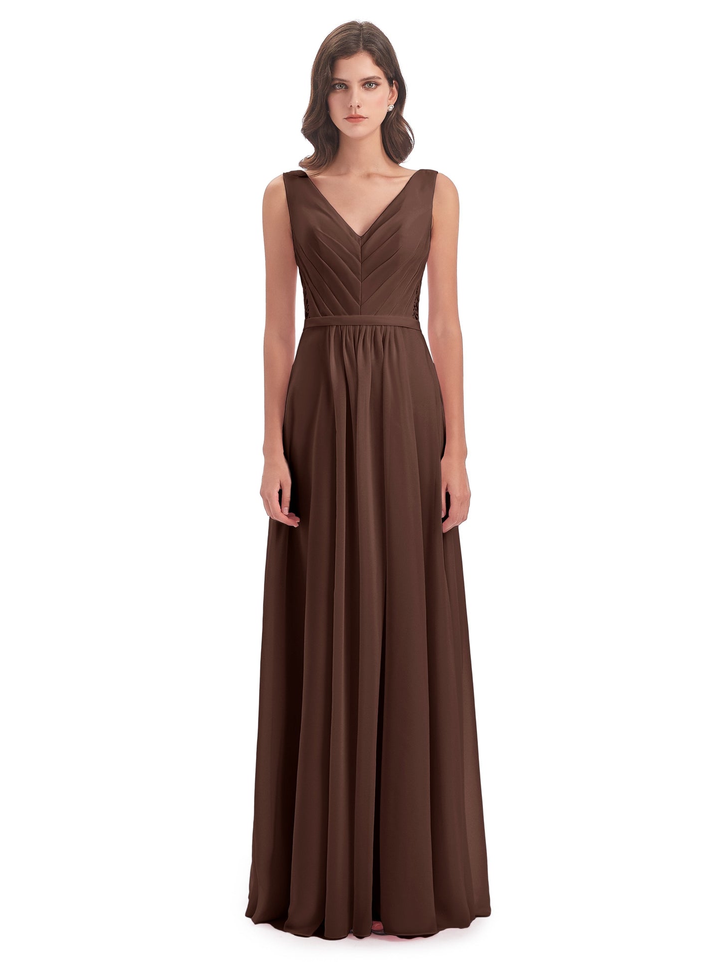 Kailee A-line V-neck Chiffon Long Bridesmaid Dresses
