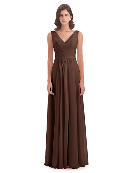Kailee A-line V-neck Chiffon Long Bridesmaid Dresses