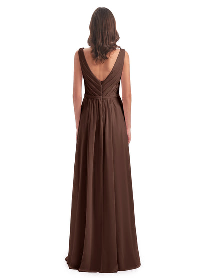 Kailee A-line V-neck Chiffon Long Bridesmaid Dresses