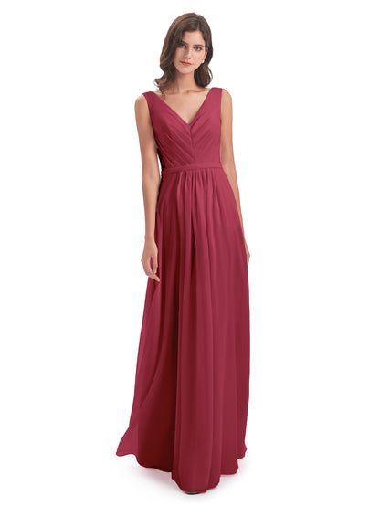 Kailee A-line V-neck Chiffon Long Bridesmaid Dresses