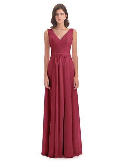 Kailee A-line V-neck Chiffon Long Bridesmaid Dresses